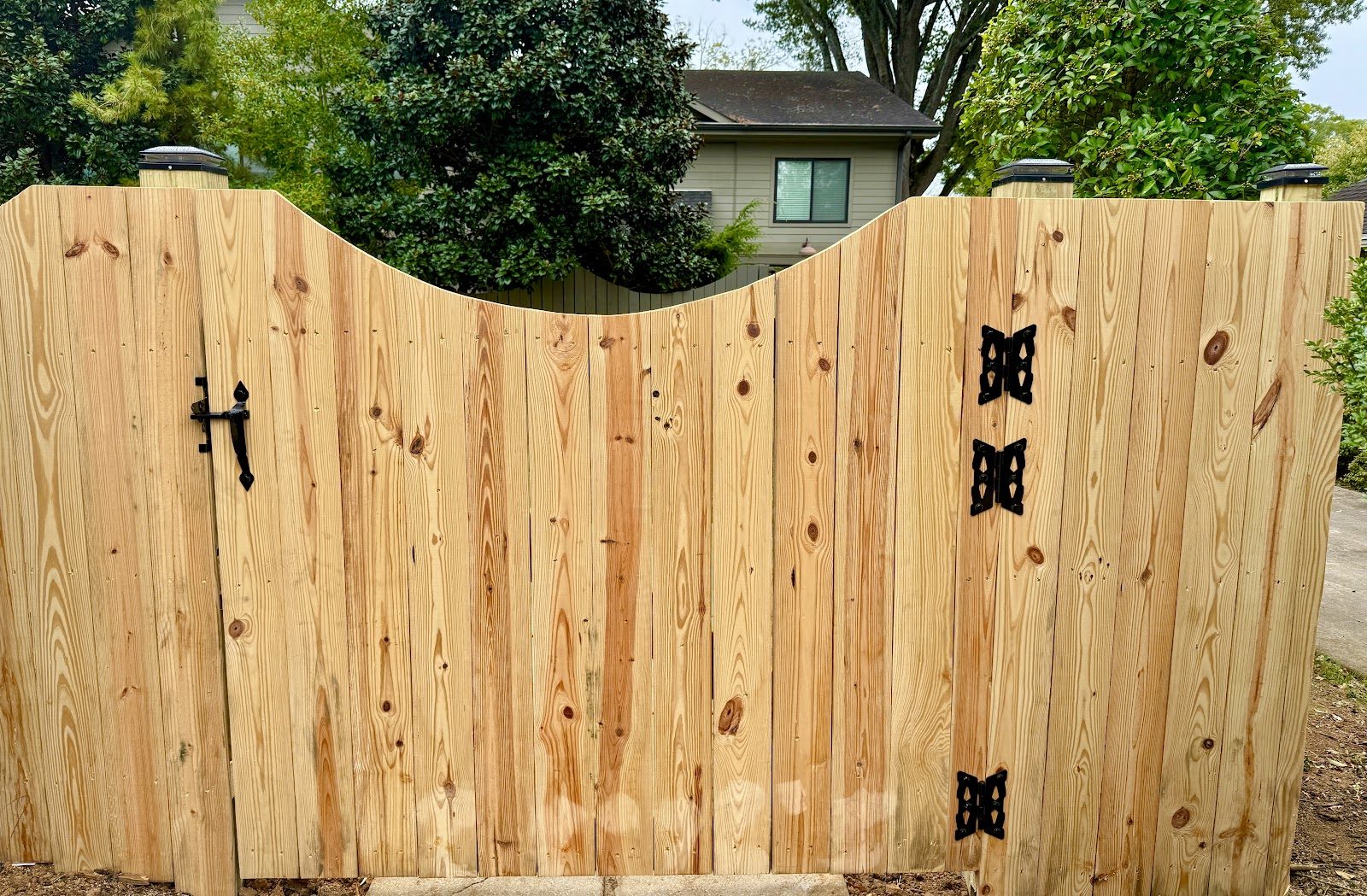 Scalloped wood gate with heavy black hinges and latch built by Siler Fence Company